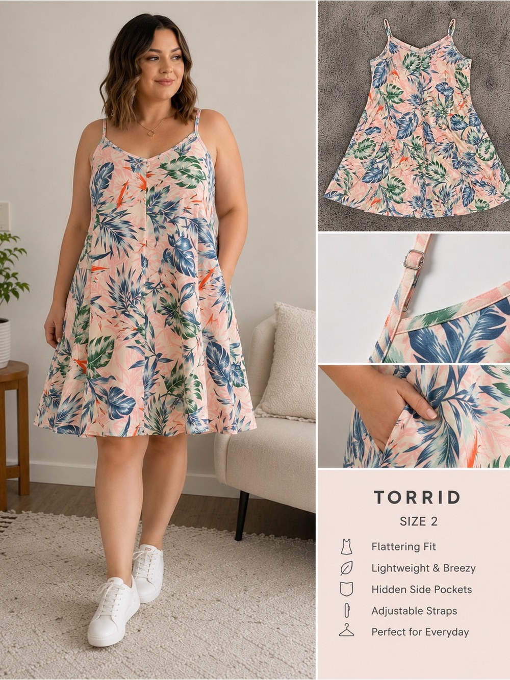 torrid Pink Tropical Leaf Midi Dress with Green & Blue Foliage